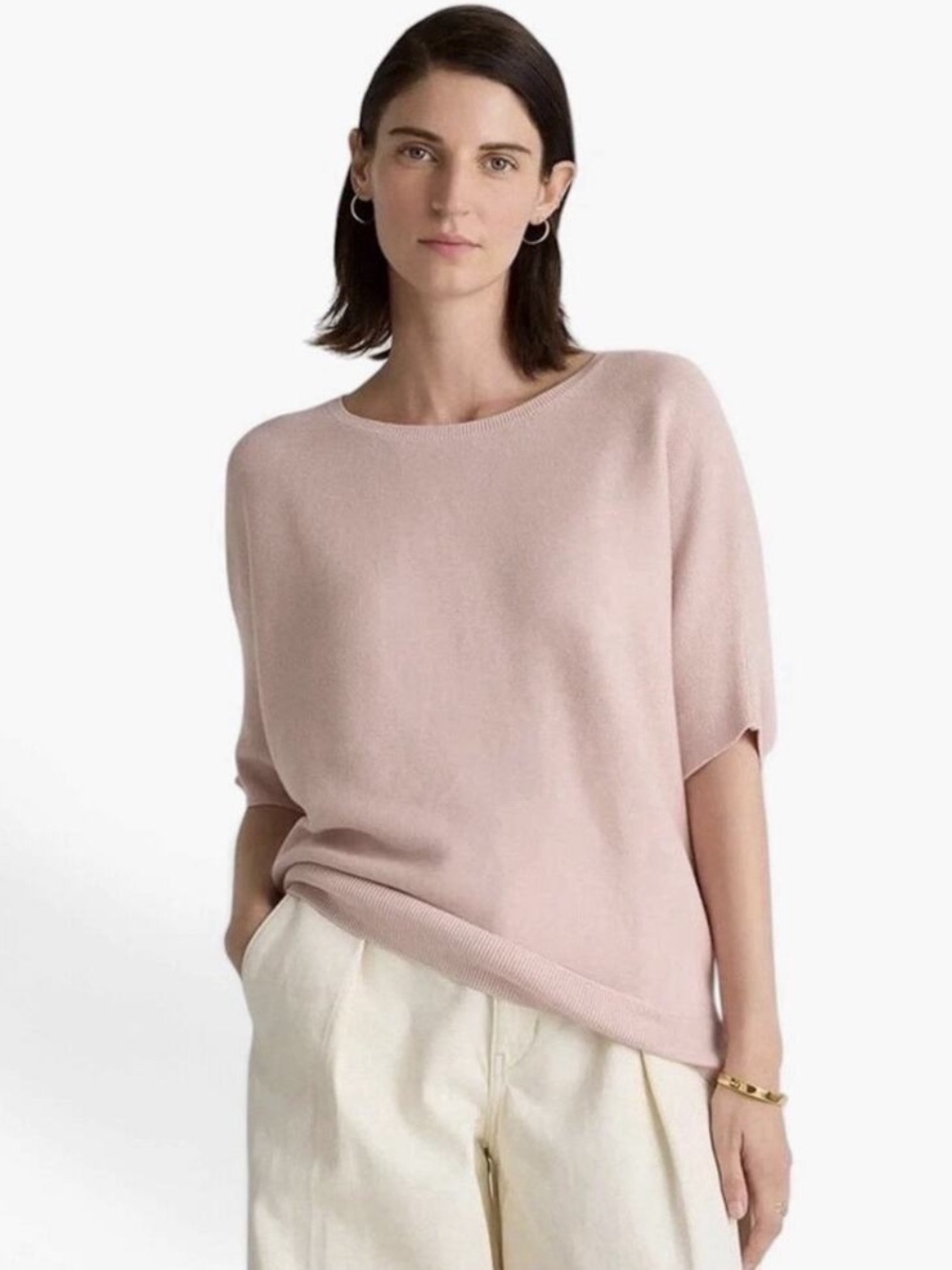 QUINCE Lightweight Cotton Cashmere Link-Stitch Dolman Sweater Pink Size Large